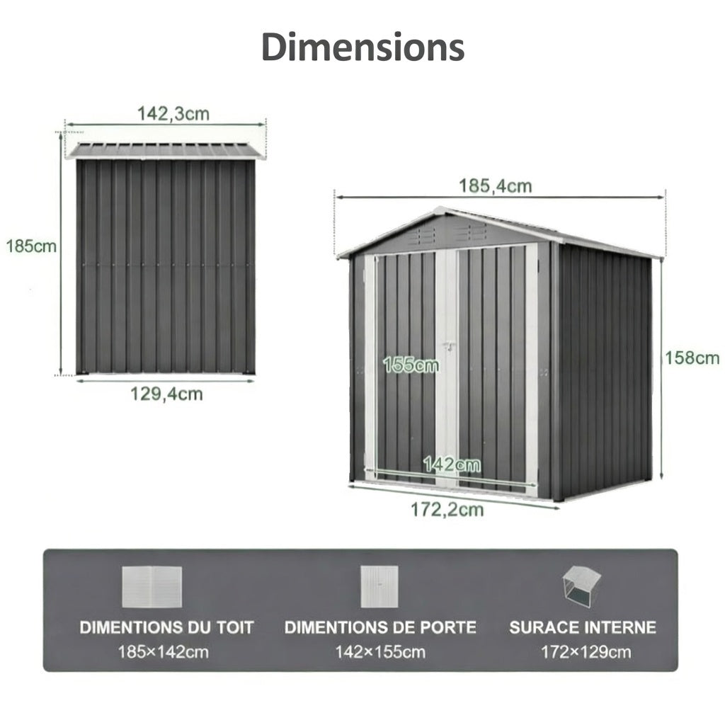 Abri de Jardin en métal - 185 x 172 x 129cm